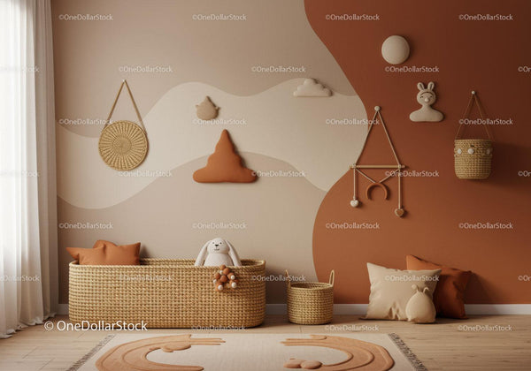 Warm Cozy Nursery Room Decor with Plush Bunny and Cloud Wall Art