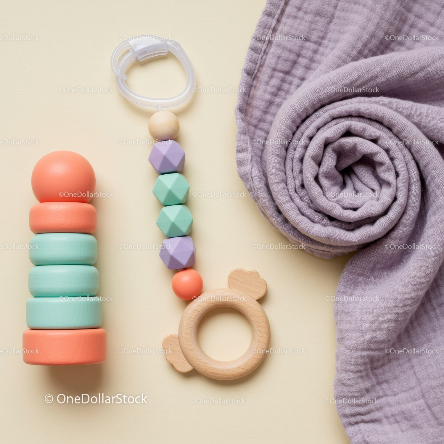 Pastel Wooden Baby Toys with Soft Muslin Blanket