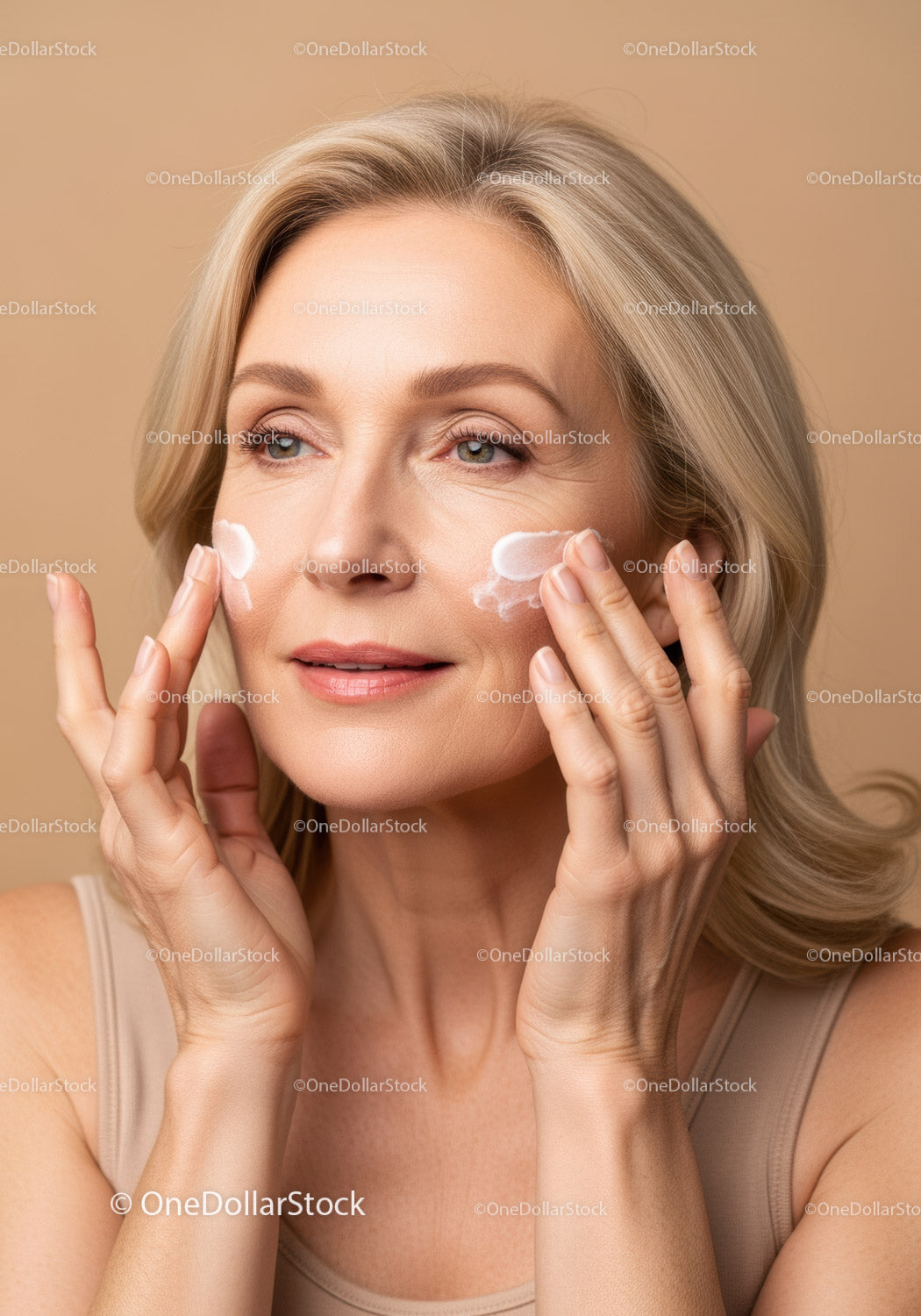 Skincare Routine Mature Woman Applying Cream for Healthy Glowing Skin