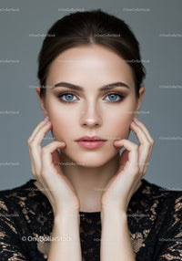 Close-Up Portrait of a Woman with Bright Blue Eyes and Clear Skin