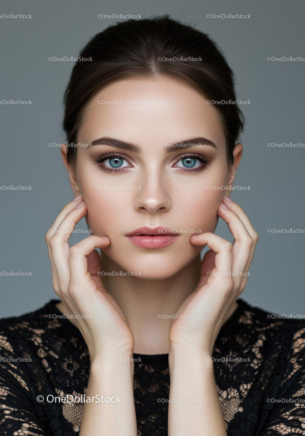 Close-Up Portrait of a Woman with Bright Blue Eyes and Clear Skin