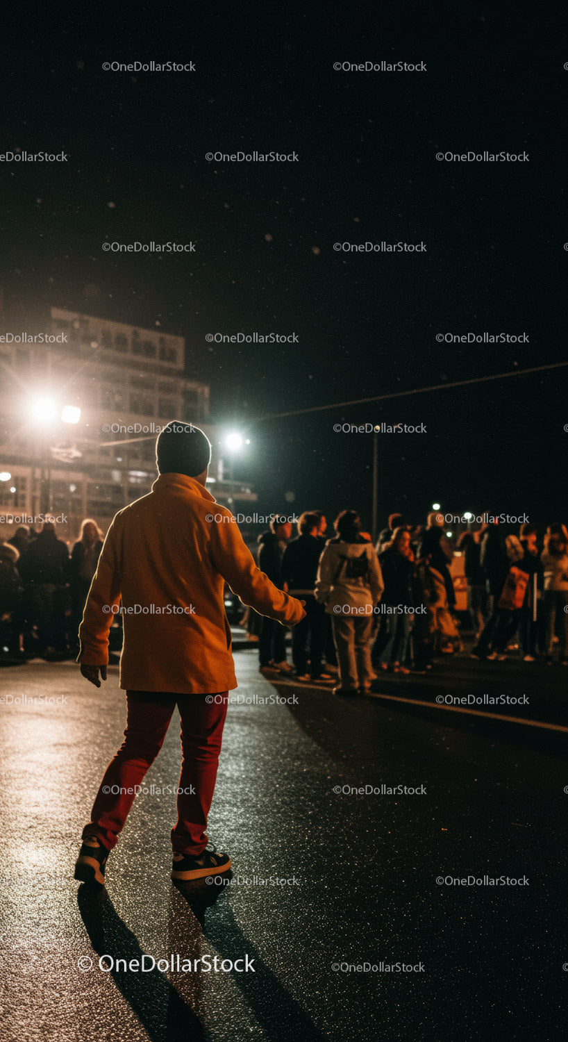 Man in orange jacket walking near nighttime crowd outdoors