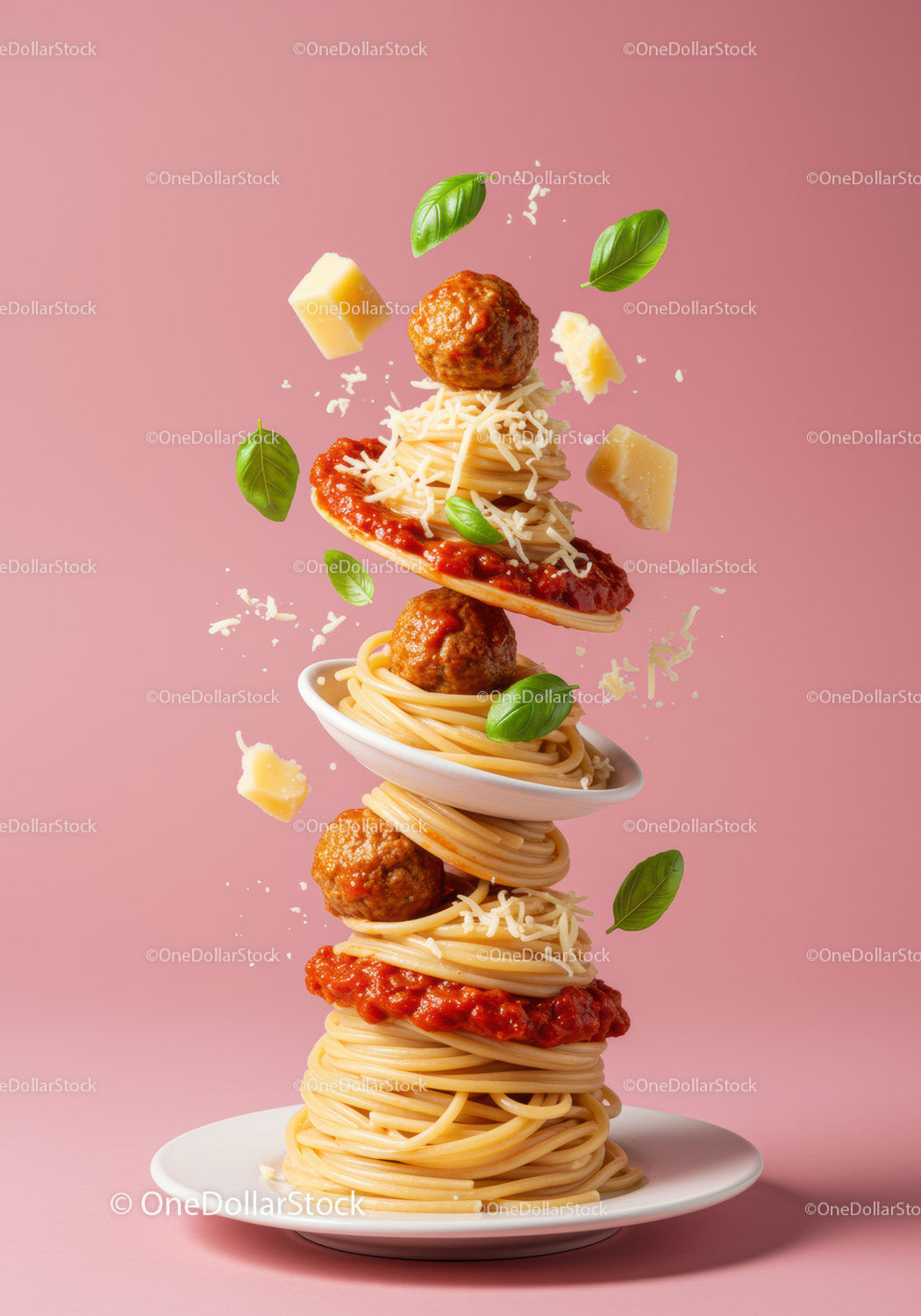 Pływający spaghetti z klopsikami i świeżą bazylią
