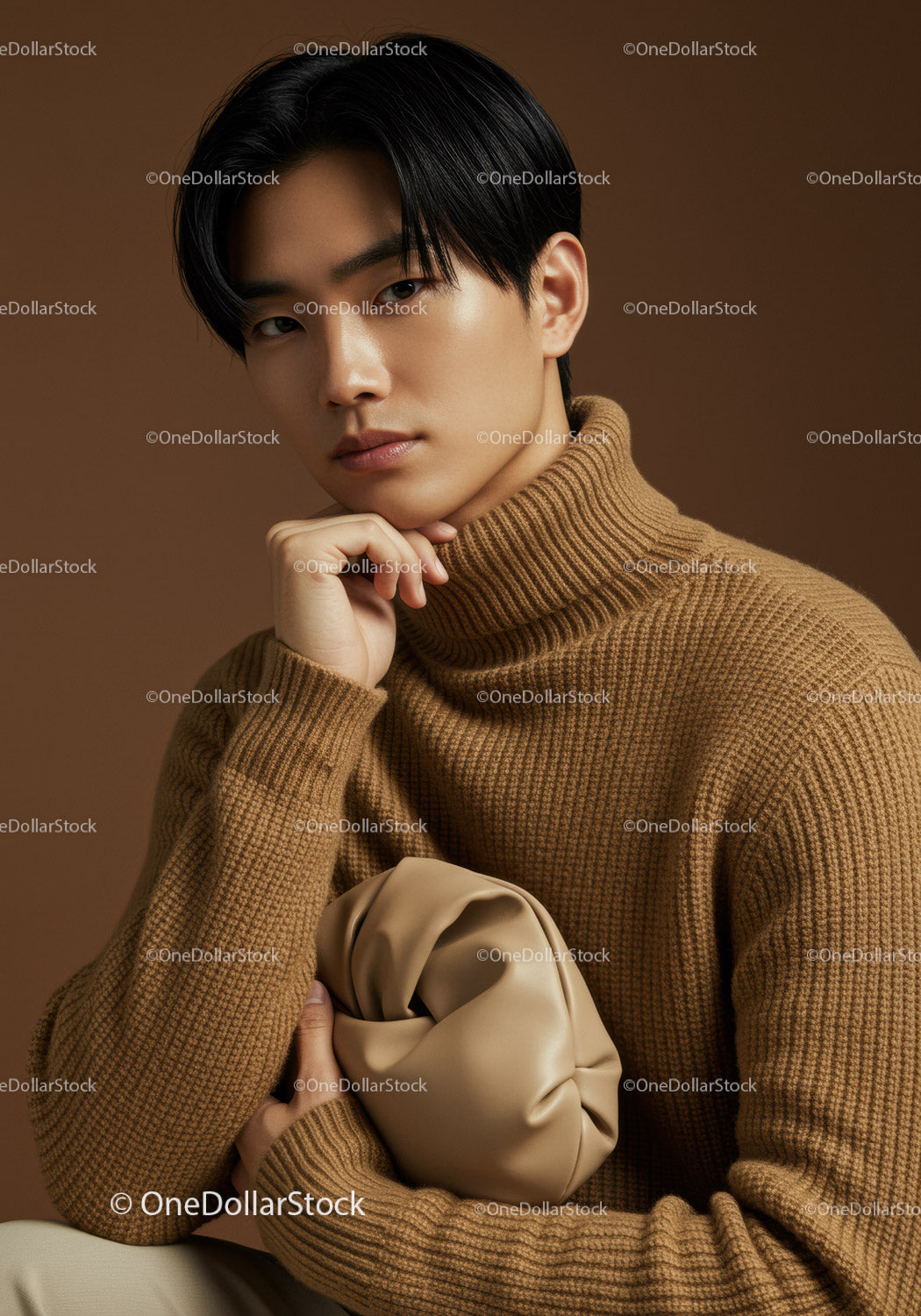Elegant Male Portrait in Trendy Sweater with Brown Background