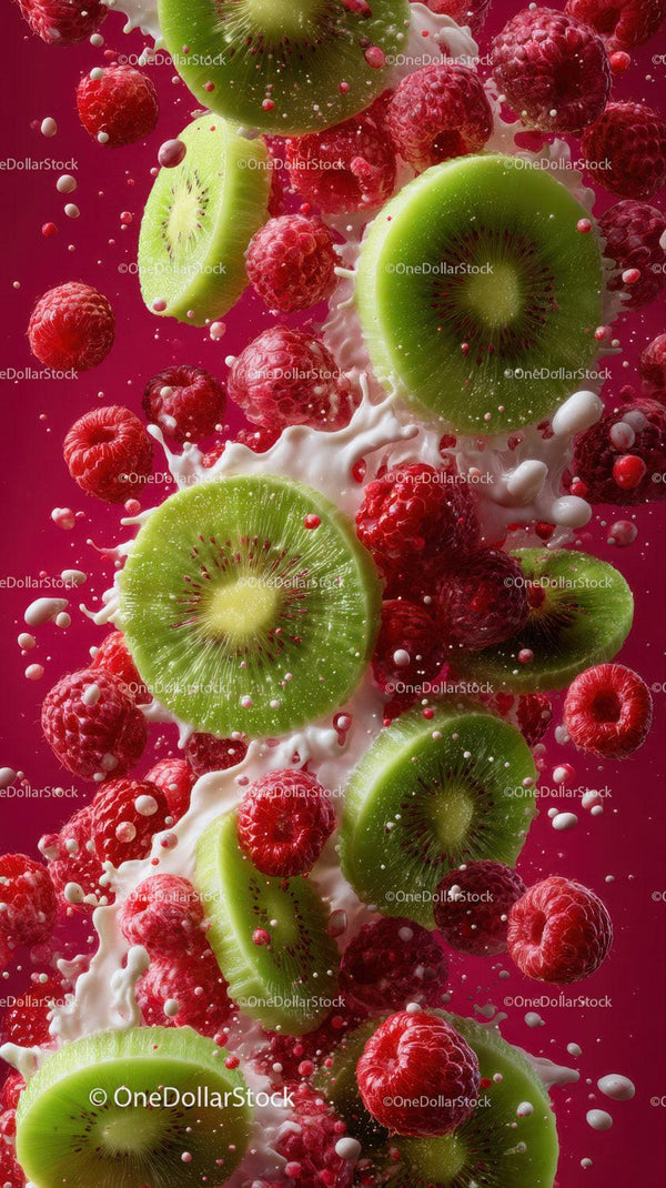 Fresh Kiwi and Raspberries with Milk Splash in Dynamic Composition