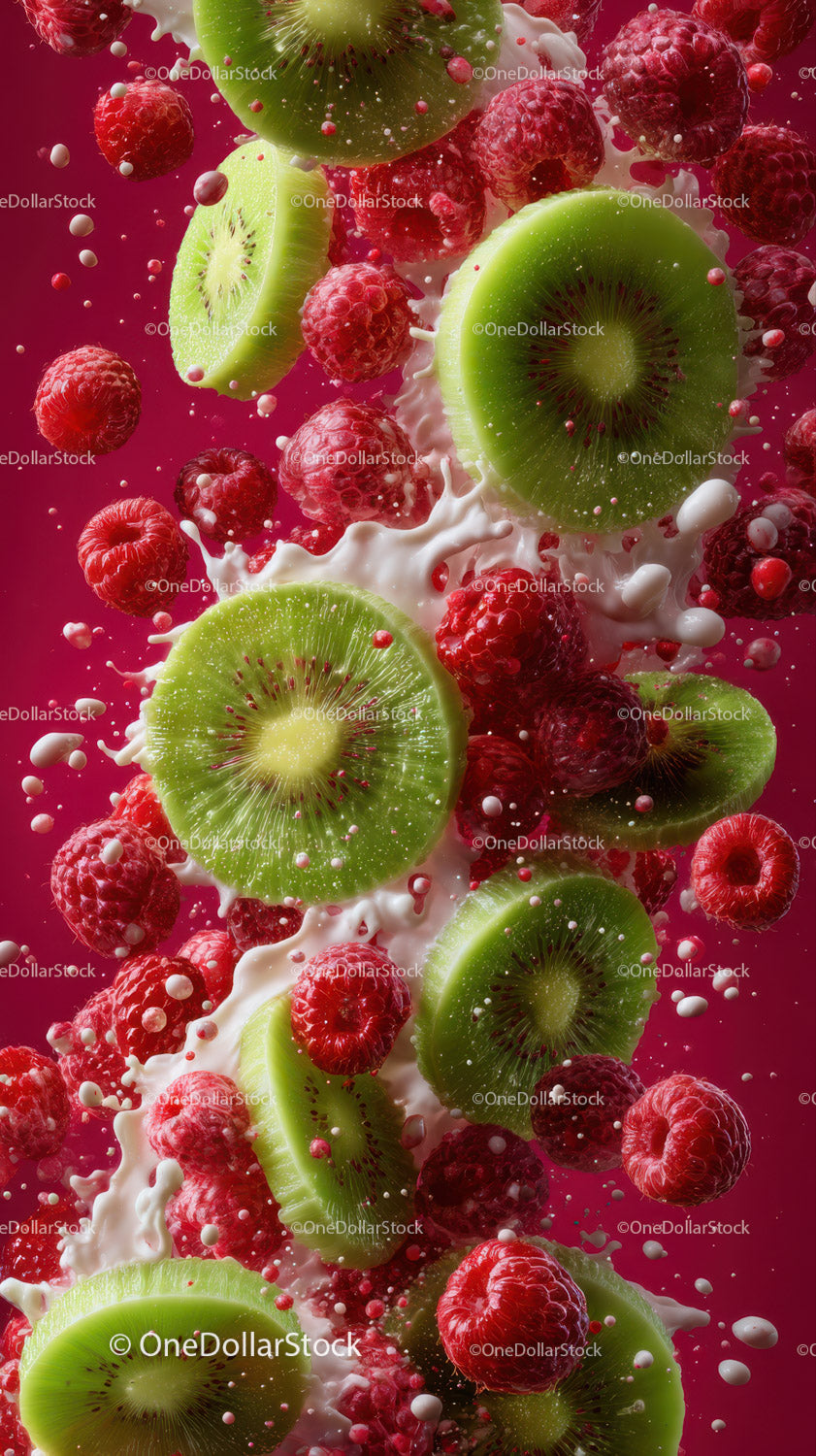 Fresh Kiwi and Raspberries with Milk Splash in Dynamic Composition