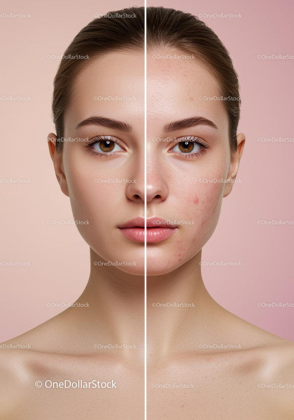 Close-Up Portrait of a Woman with Flawless and Acne-Prone Skin