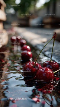 Fresh Juicy Cherries Resting on Water with Sunlight Reflection