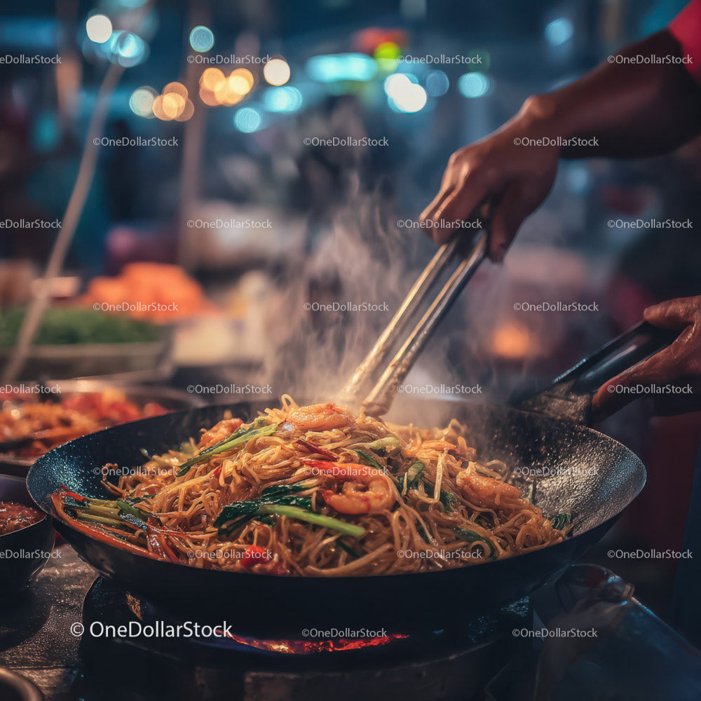 Stir-Fried Noodles with Seafood and Vegetables at Night Market