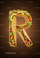 Taco letter R filled with fresh vegetables and chicken