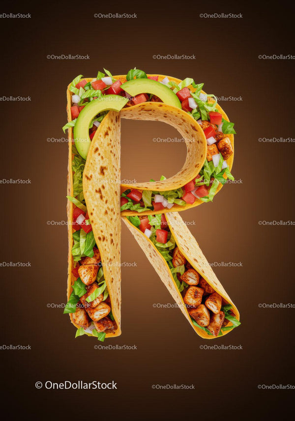 Taco letter R filled with fresh vegetables and chicken