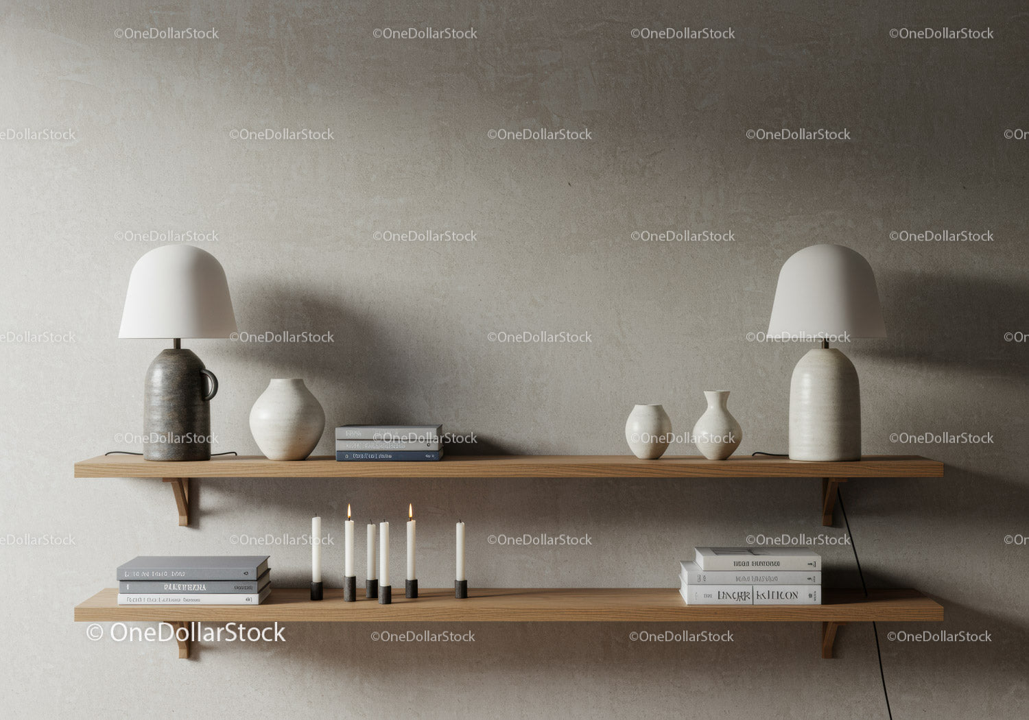 Minimalist wooden shelves with lamps and candles decor