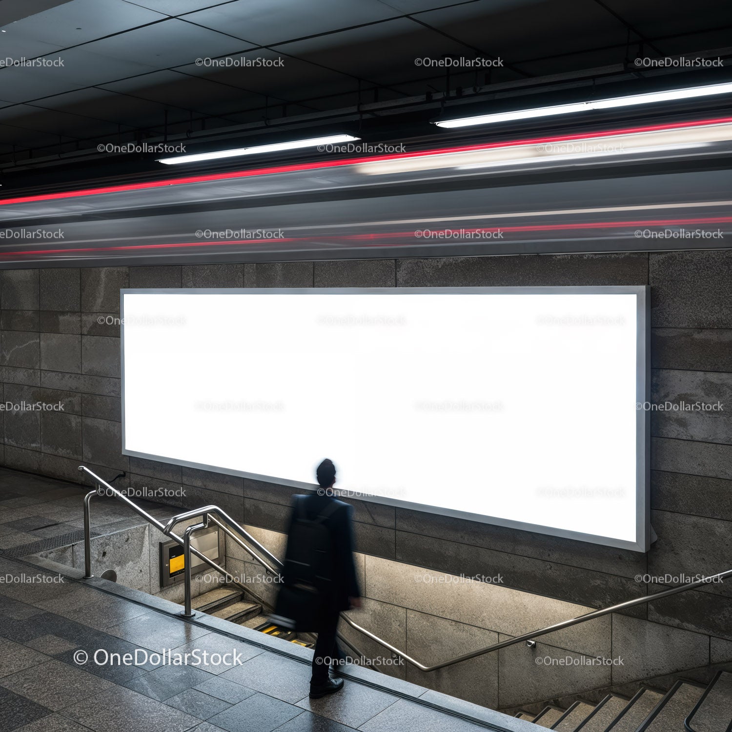 Person viewing bright blank billboard in urban subway station