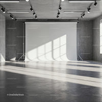 Empty photo studio with natural window light and backdrop