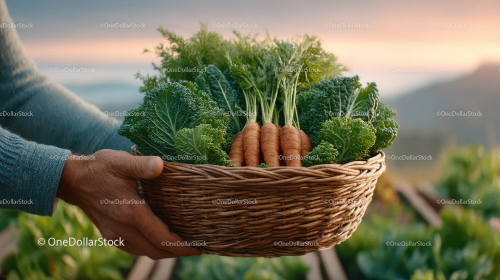 Fresh Carrots and Kale in Wicker Basket in Natural Outdoor Setting
