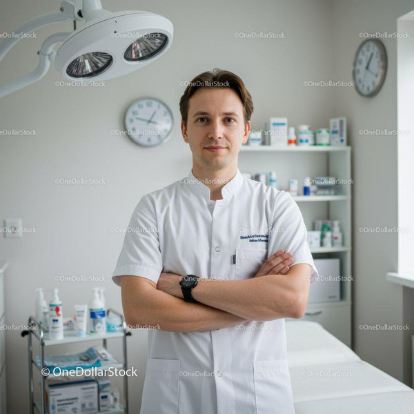 Męski specjalista ds. zdrowia stojący pewnie w nowoczesnej klinice