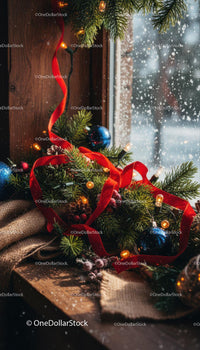 Festive Christmas Window Decor with Pine and Red Ribbon