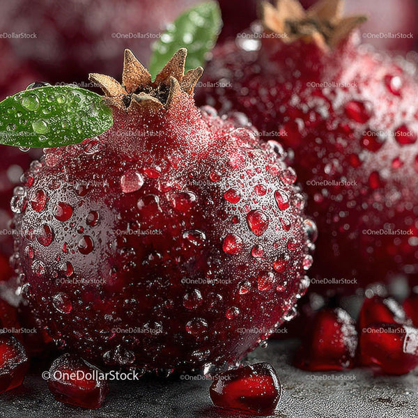 Close-up of Fresh Juicy Red Pomegranate with Water Droplets