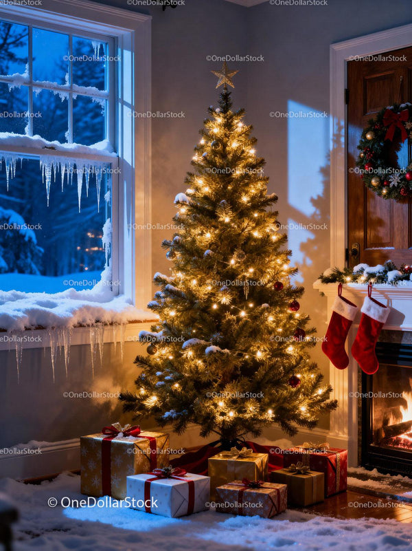 Przytulna choinka z prezentami przy zimowym oknie