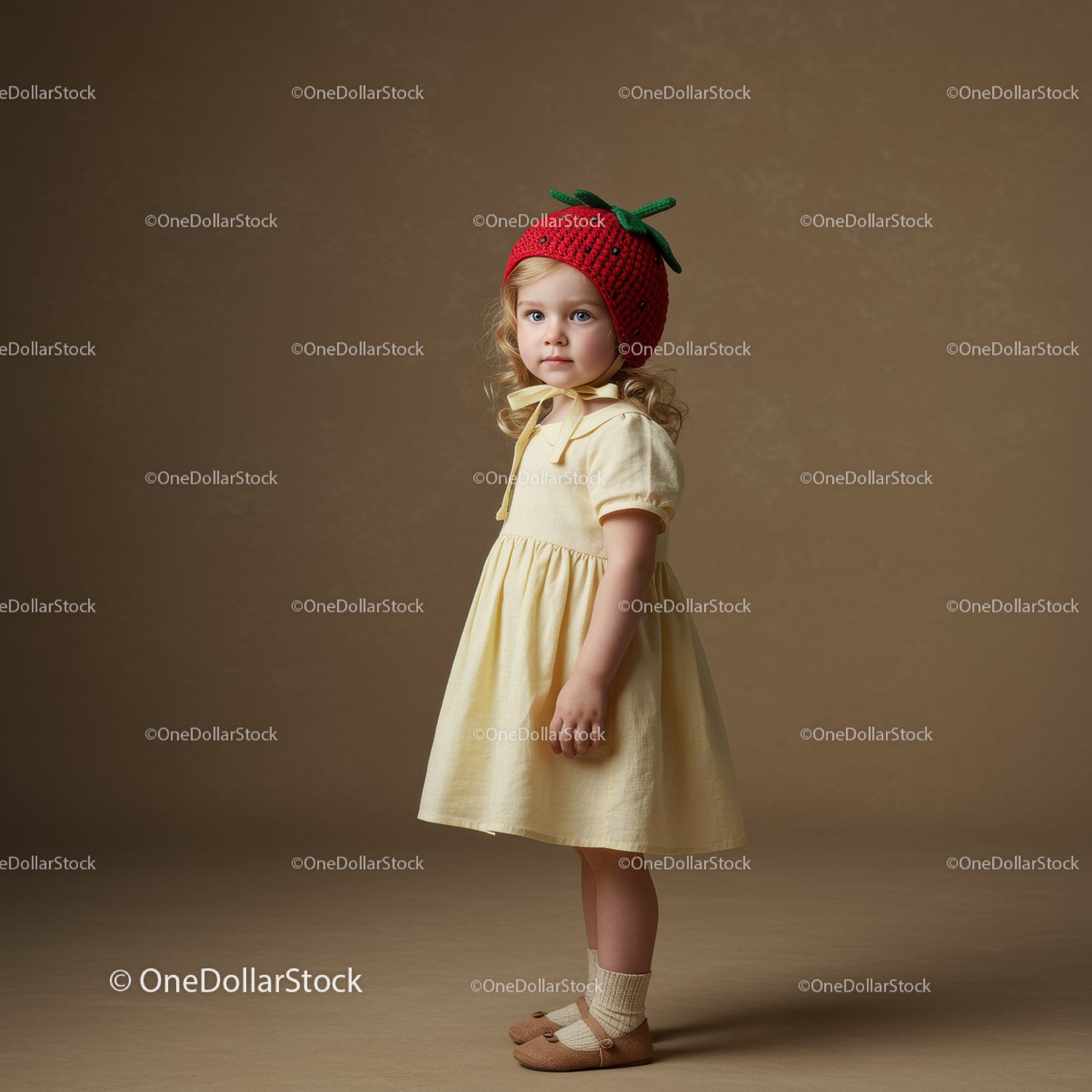 Little girl wearing strawberry hat and yellow dress