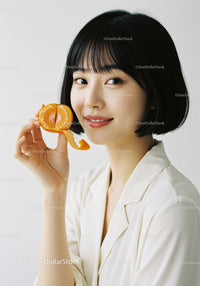 Smiling Woman Holding Fresh Tangerine in Bright Minimalist Setting