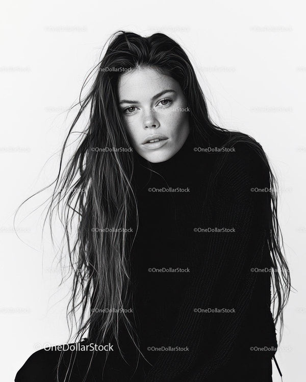 Black and White Portrait of a Stylish Woman with Long Wet Hair