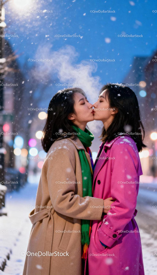 Couple sharing a tender kiss in snowy winter evening