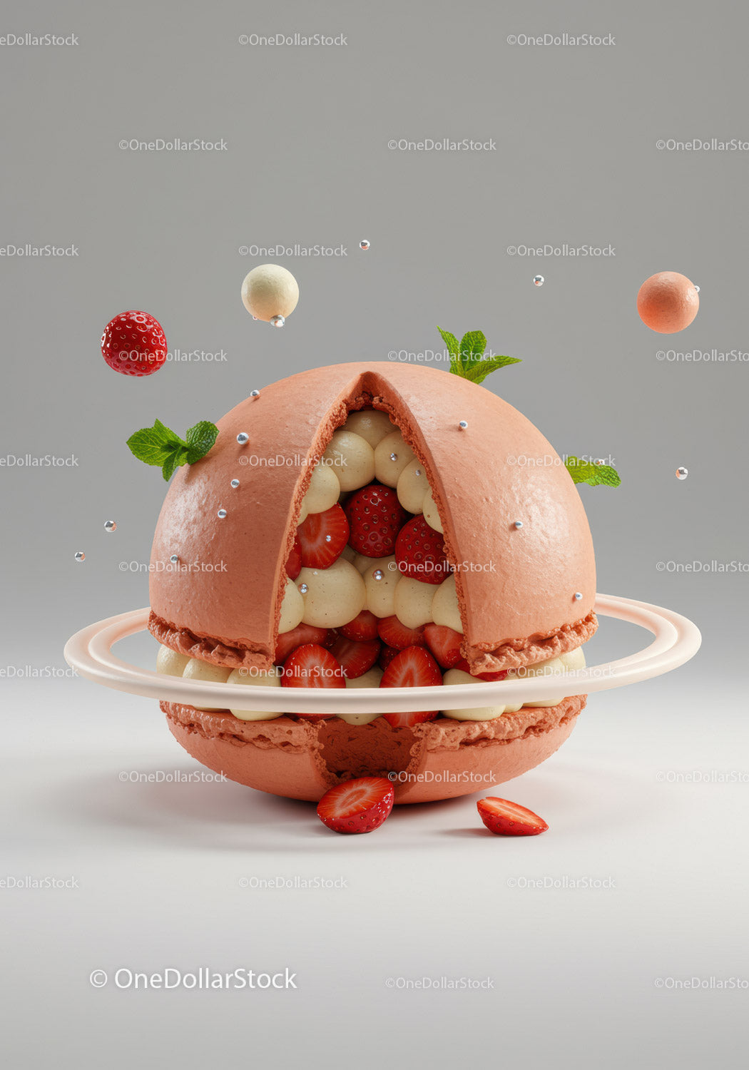 Creative strawberry macaron dessert with floating elements