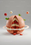 Creative strawberry macaron dessert with floating elements