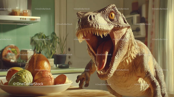 Realistyczna zabawka dinozaura T-Rexa w nowoczesnej kuchni z owocami