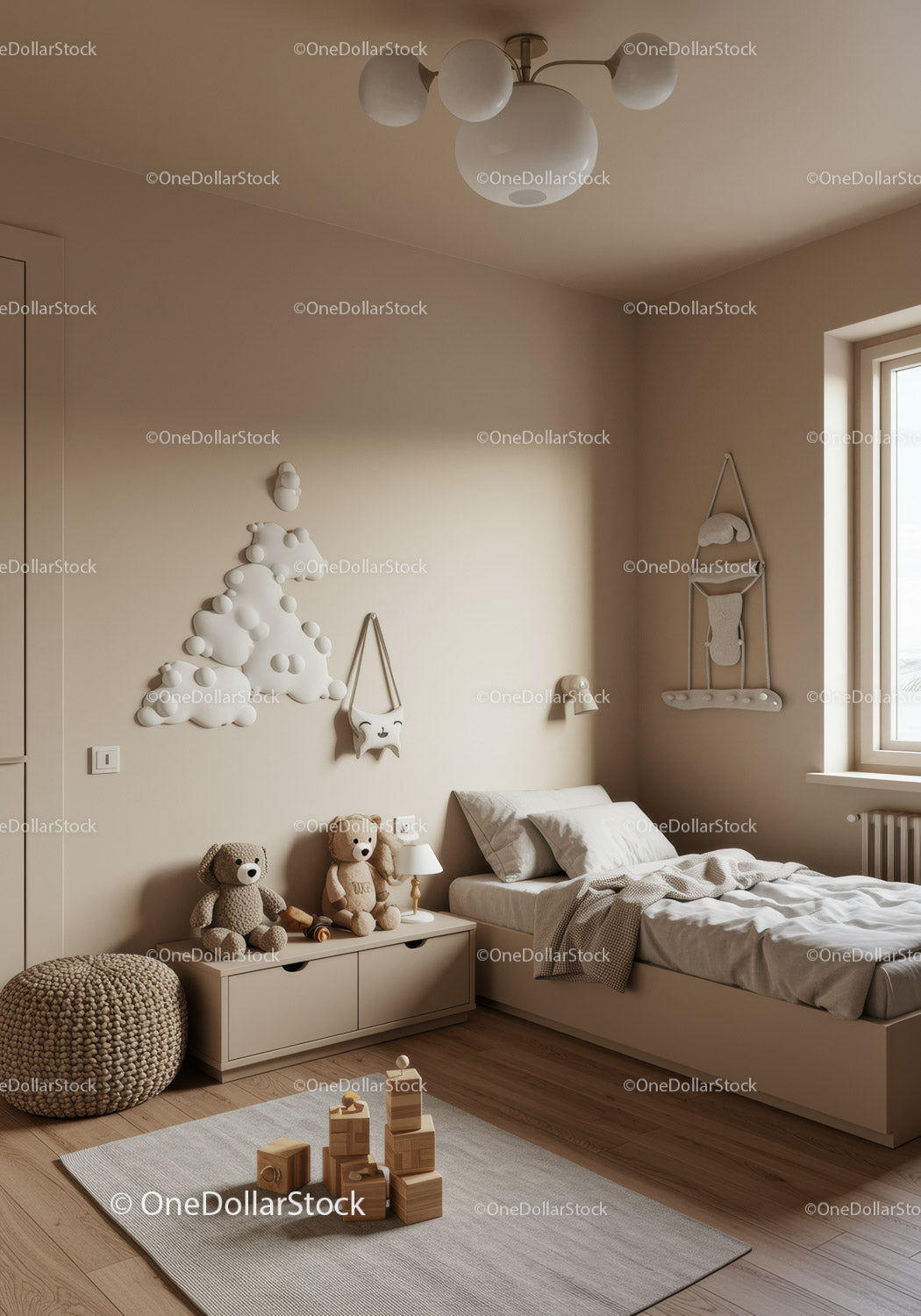 Cozy Children's Bedroom with Plush Toys and Cloud Wall Art