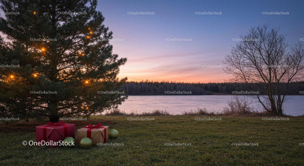Christmas gifts under lit pine tree by peaceful lake