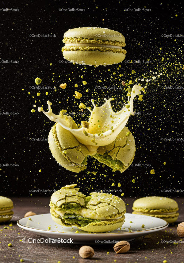 Green Pistachio Macarons with Cream Splash on Plate
