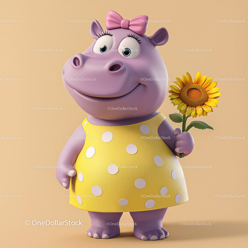 Cute Cartoon Hippo Holding Sunflower in Yellow Dress for Kids Illustration