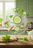 Fresh cucumber and herbs splashing in kitchen light