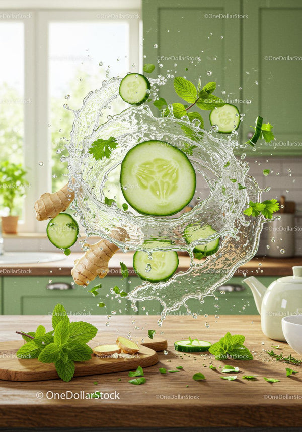 Fresh cucumber and herbs splashing in kitchen light
