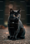 Black Cat with Amber Eyes Sitting on Pavement