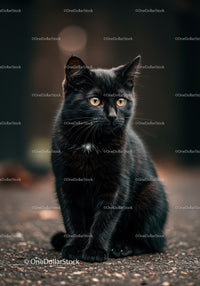 Black Cat with Amber Eyes Sitting on Pavement