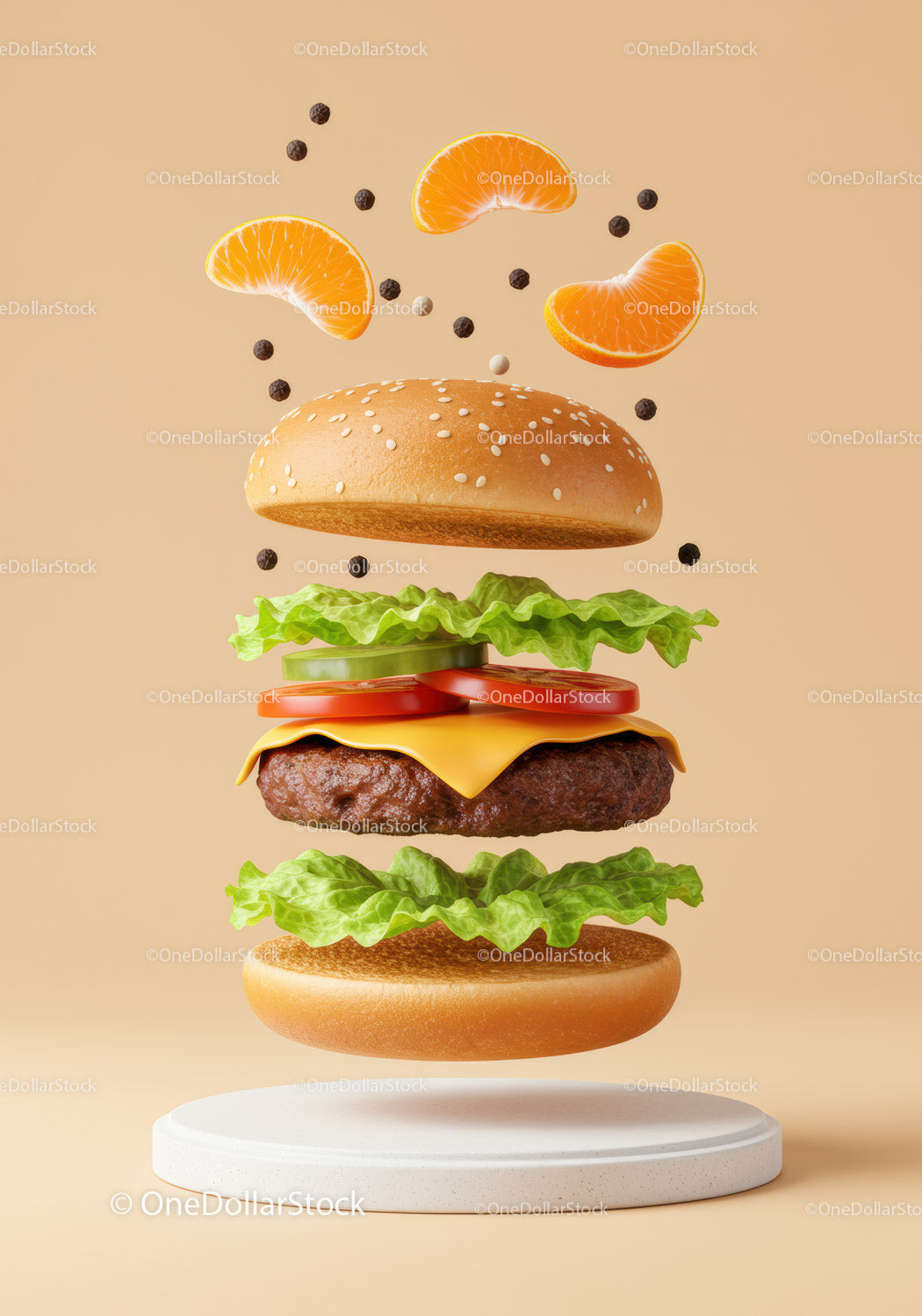Pływający cheeseburger ze świeżymi warzywami i przyprawami
