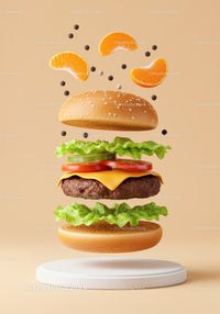 Floating Cheeseburger with Fresh Vegetables and Spices