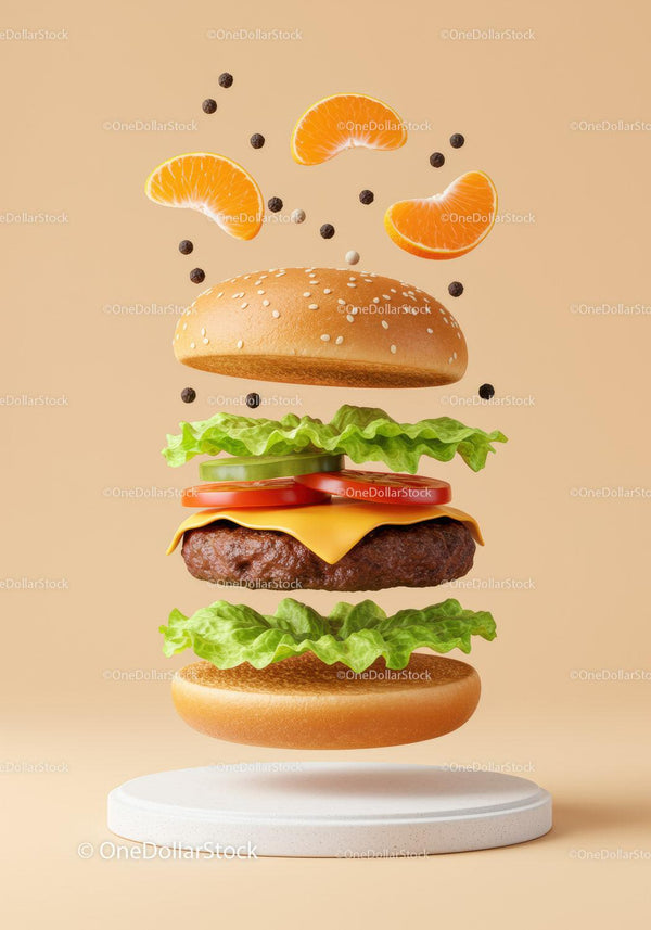 Floating Cheeseburger with Fresh Vegetables and Spices