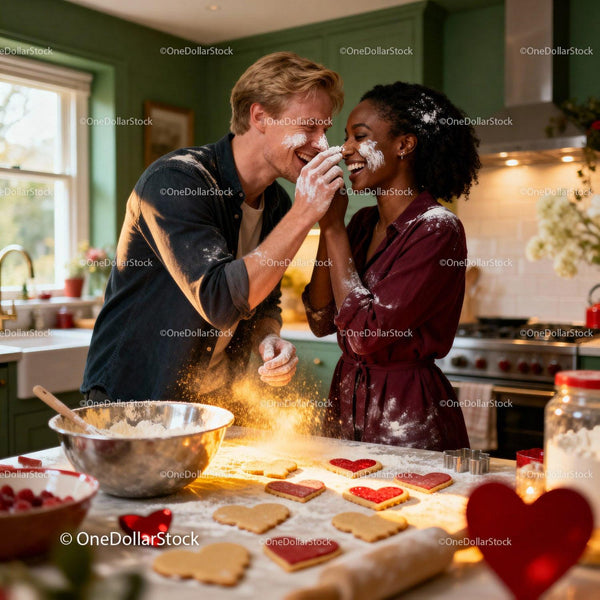 Couple Playfully Baking Heart Cookies Together