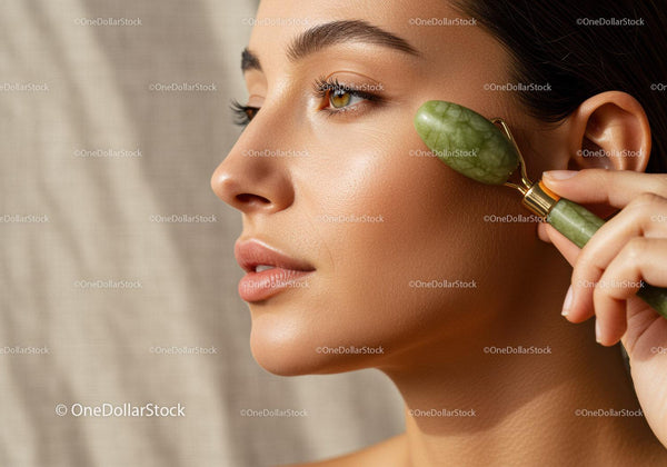 Close Up of Woman Using Jade Roller for Skin Rejuvenation