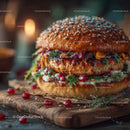 Gourmet Beef Burger with Pomegranate Seeds and Microgreens on Rustic Wooden Board