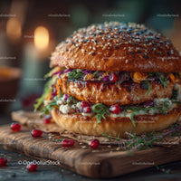 Gourmet Beef Burger with Pomegranate Seeds and Microgreens on Rustic Wooden Board