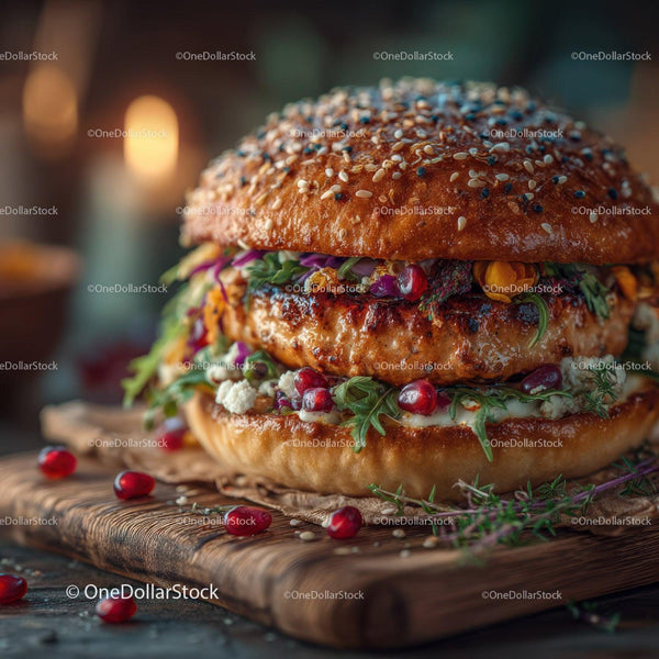 Gourmet Beef Burger with Pomegranate Seeds and Microgreens on Rustic Wooden Board