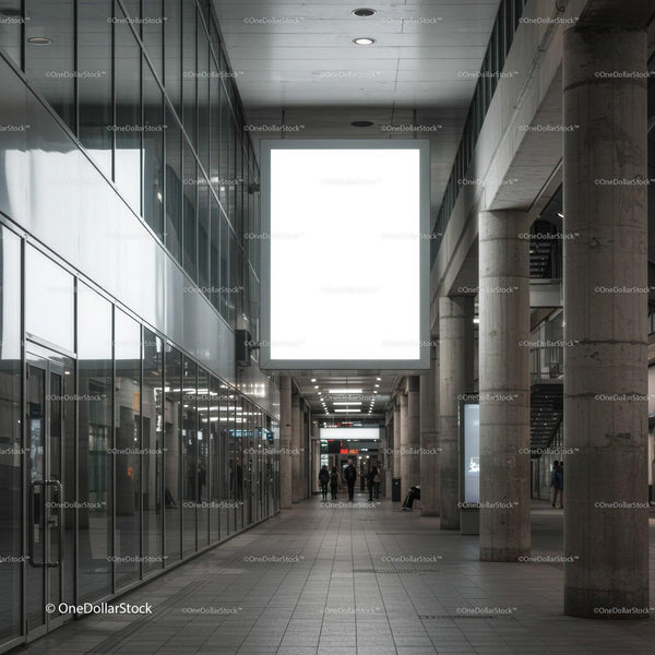 Modern Spacious Indoor Walkway with Large Lightbox Display JPG Mockup Image