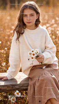 Young girl holding daisies in autumn field