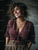 Confident Smiling Woman with Curly Hair Wearing Stylish Outfit