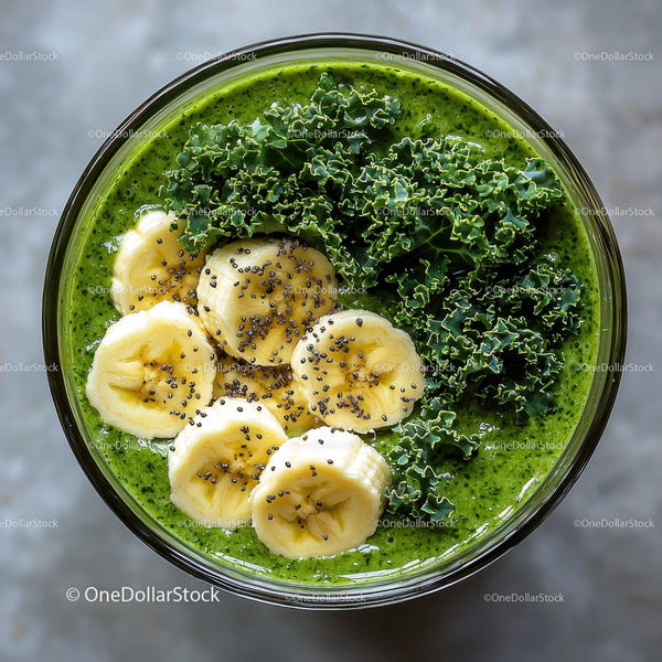 Green Kale and Banana Smoothie with Chia Seeds in Glass